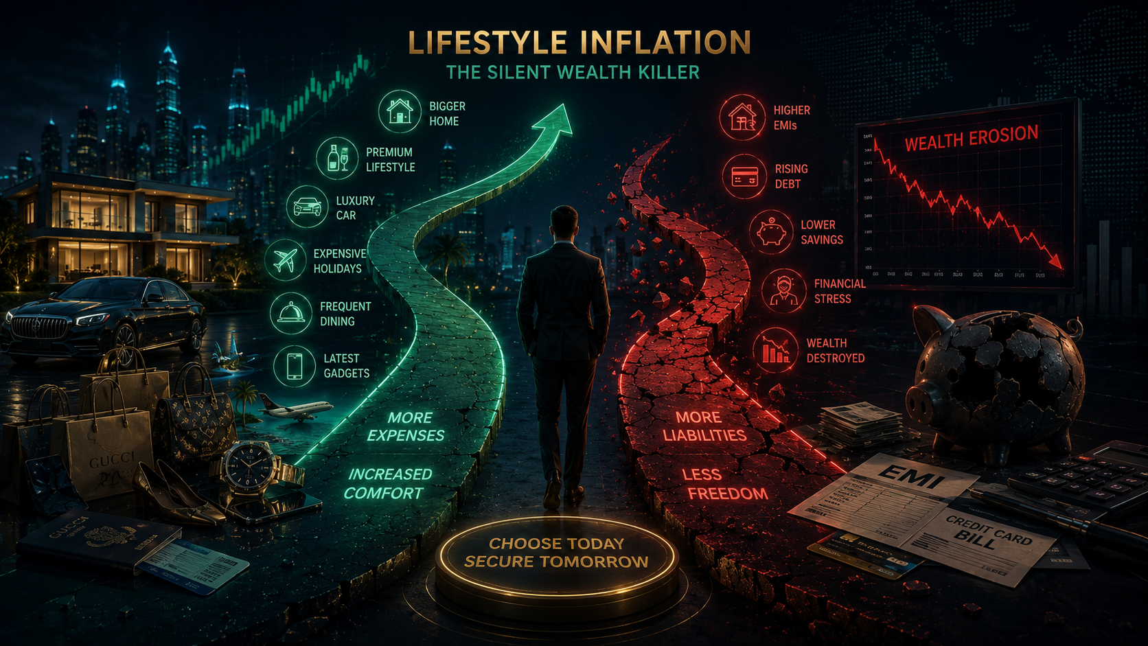 A 3D illustration contrasting the illusion of lifestyle inflation and luxury spending against the solid mathematical compounding of a mutual fund SIP.