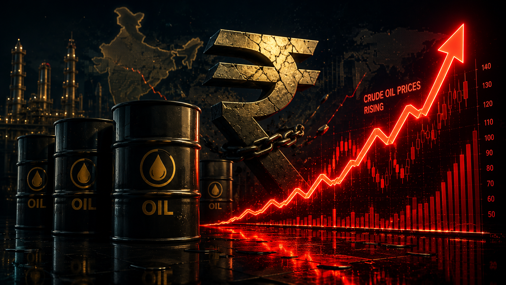 A 3D geopolitical illustration showing oil barrels, an upward glowing red stock chart, and the Indian Rupee symbol under pressure.
