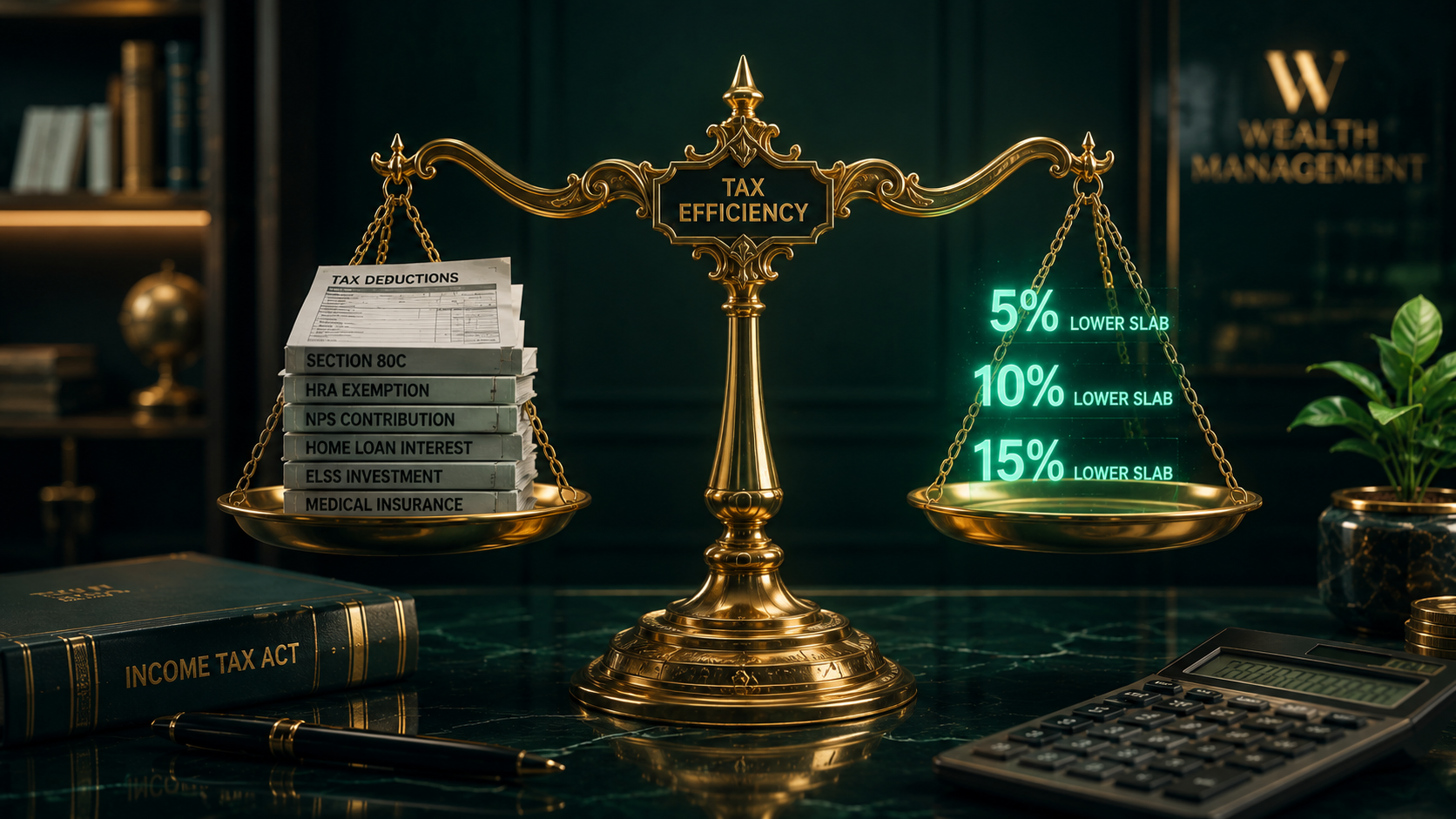 A 3D conceptual balance scale weighing the Old Tax Regime with heavy deductions against the New Tax Regime with lower tax slab percentages.