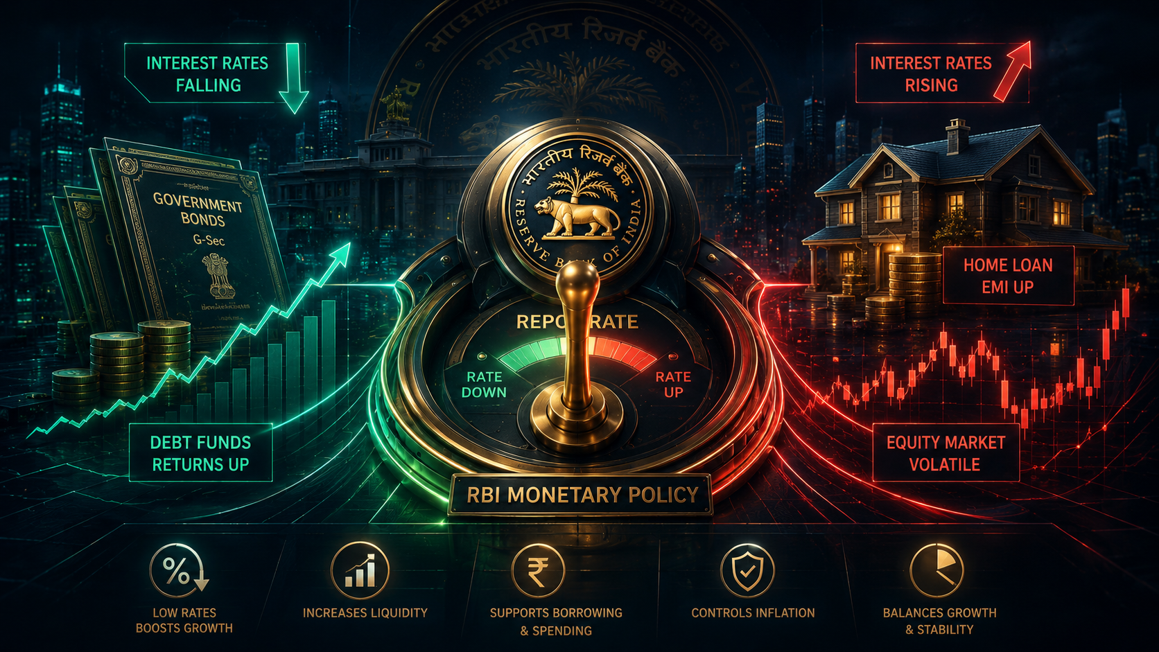A 3D financial illustration depicting the Reserve Bank of India (RBI) monetary policy effects, showing interest rate percentages alongside upward trending stock market and mutual fund growth charts.