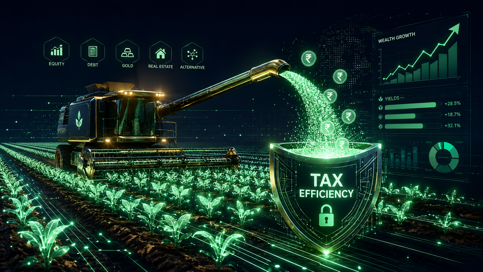 A 3D illustration of a glowing green upward financial chart successfully dodging a red tax hammer, representing legal tax harvesting