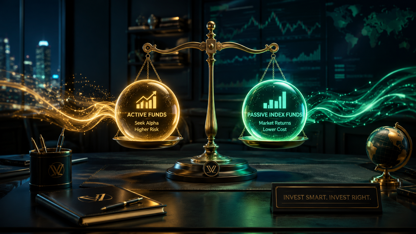 An executive desk layout illustrating the analytical comparison of active vs passive mutual funds with balance metrics