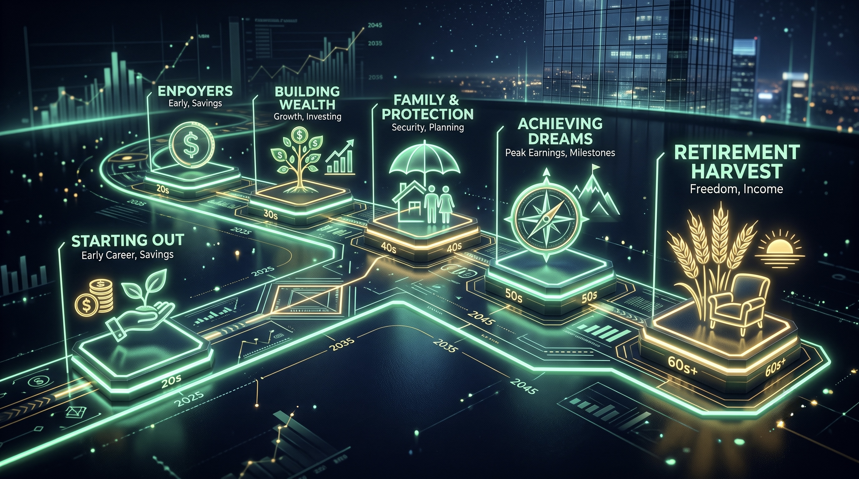 A master structural layout detailing a goal-aligned financial planning checklist across your 20s, 30s, 40s, and 50s, covering mutual fund SIPs, term insurance, and loan optimization.