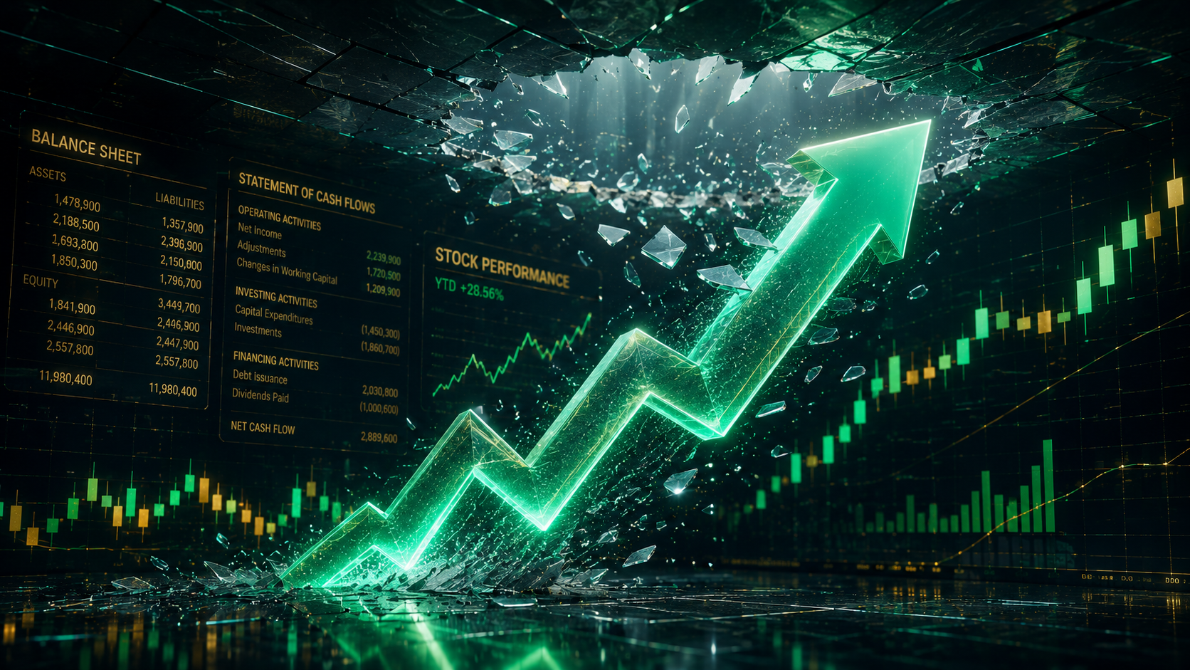 A 3D green stock market arrow rocketing upward over a background of corporate growth charts representing Cupid Ltd.