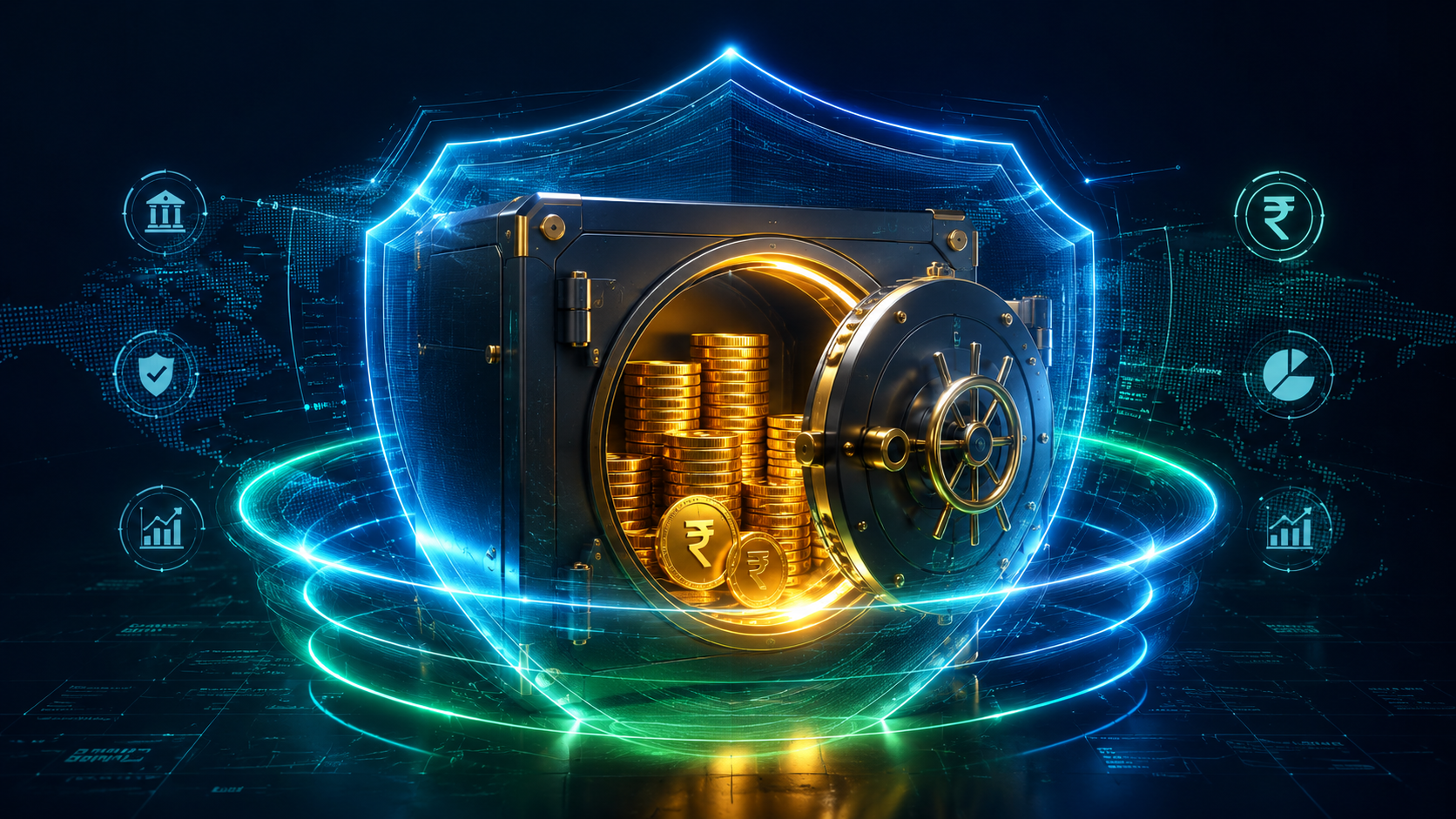 A high-tech digital vault protecting wealth, symbolizing a robust emergency fund strategy for Indian investors.