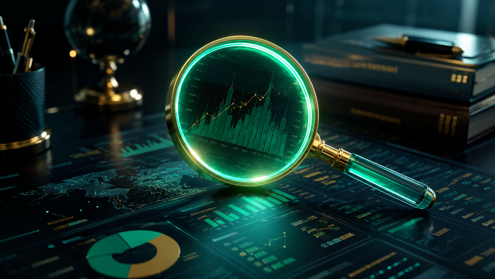 A sophisticated magnifying glass analyzing the expense ratio in mutual funds over financial charts.
