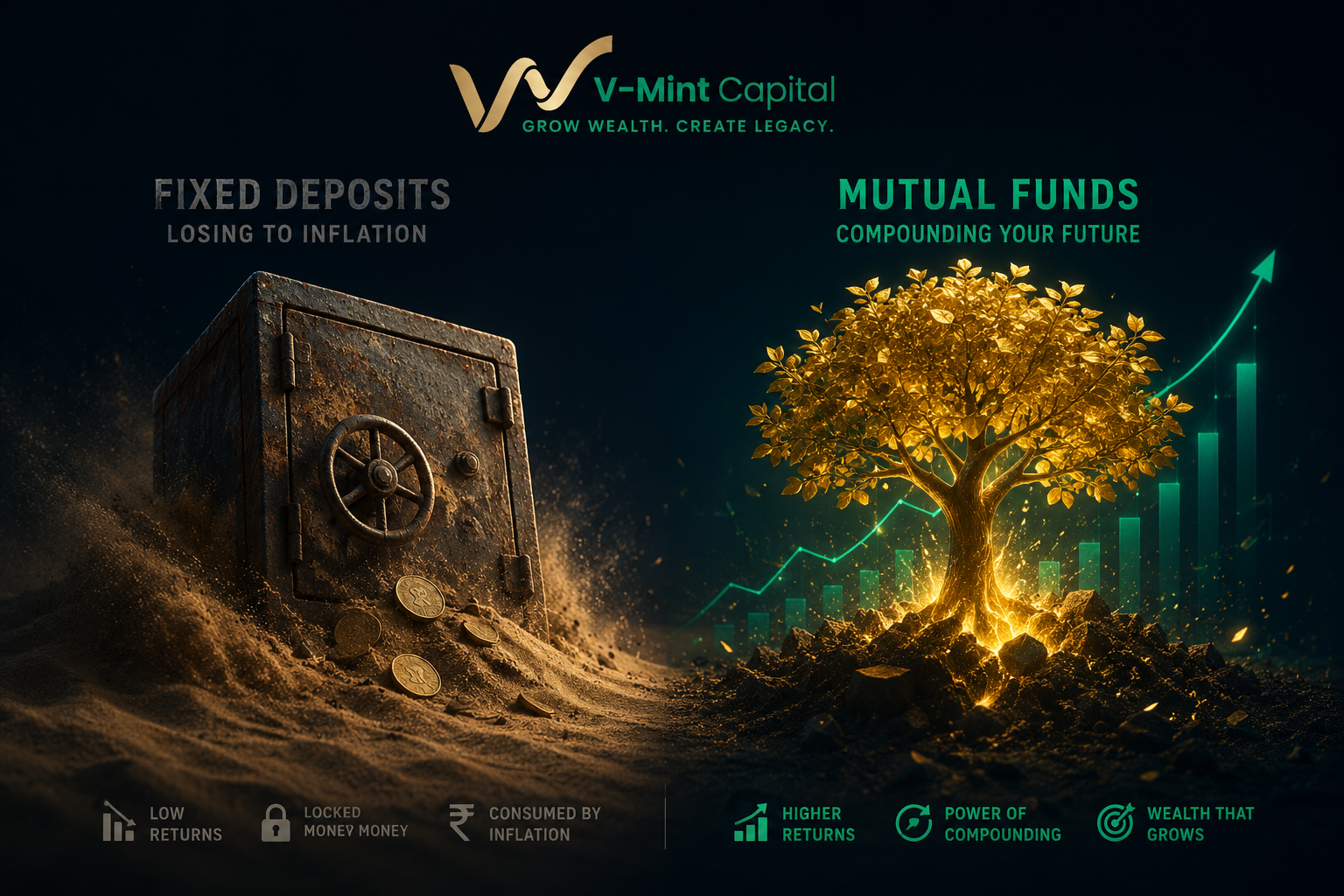 Comparison of Fixed Deposit returns versus inflation and Mutual Fund growth
