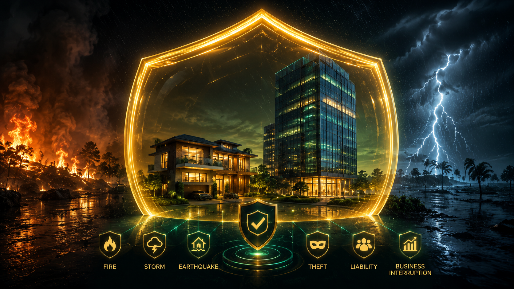 A highly detailed 3D rendering showing a glowing golden shield protecting a modern residential home and a commercial glass skyscraper from a raging fire on a dark blue background.