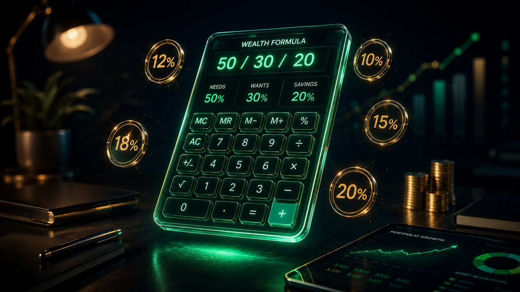 A sleek, glowing digital calculator showing a compounding wealth formula, floating above a minimalist desk.