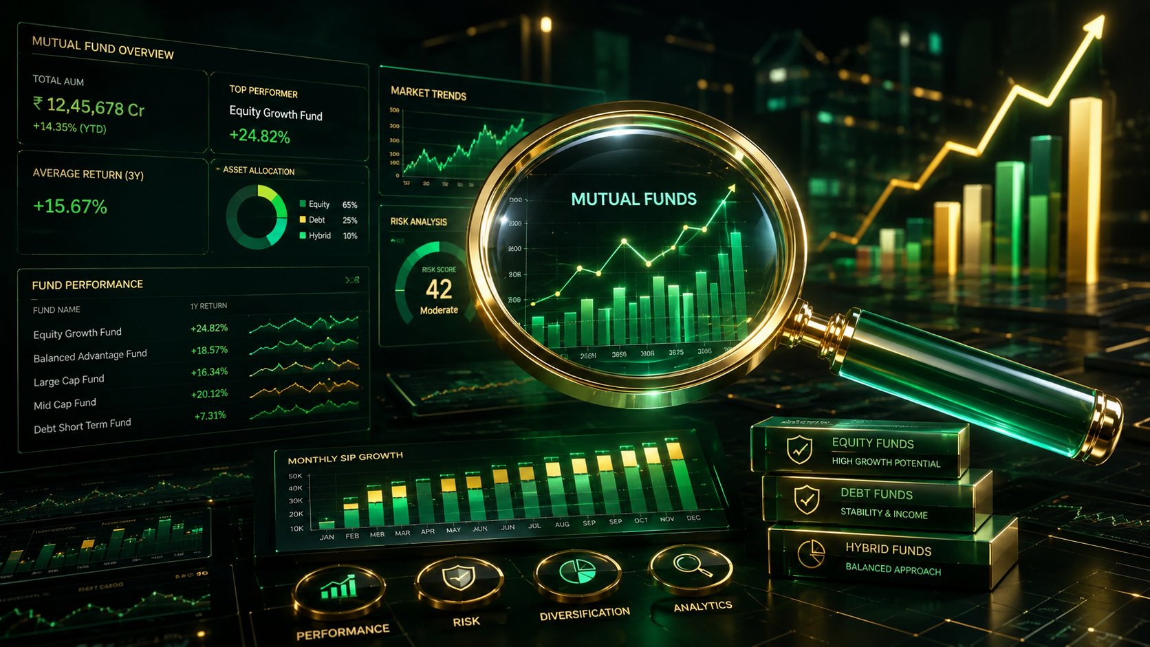 A glowing digital magnifying glass analyzing a mutual fund portfolio chart with green and gold metrics.