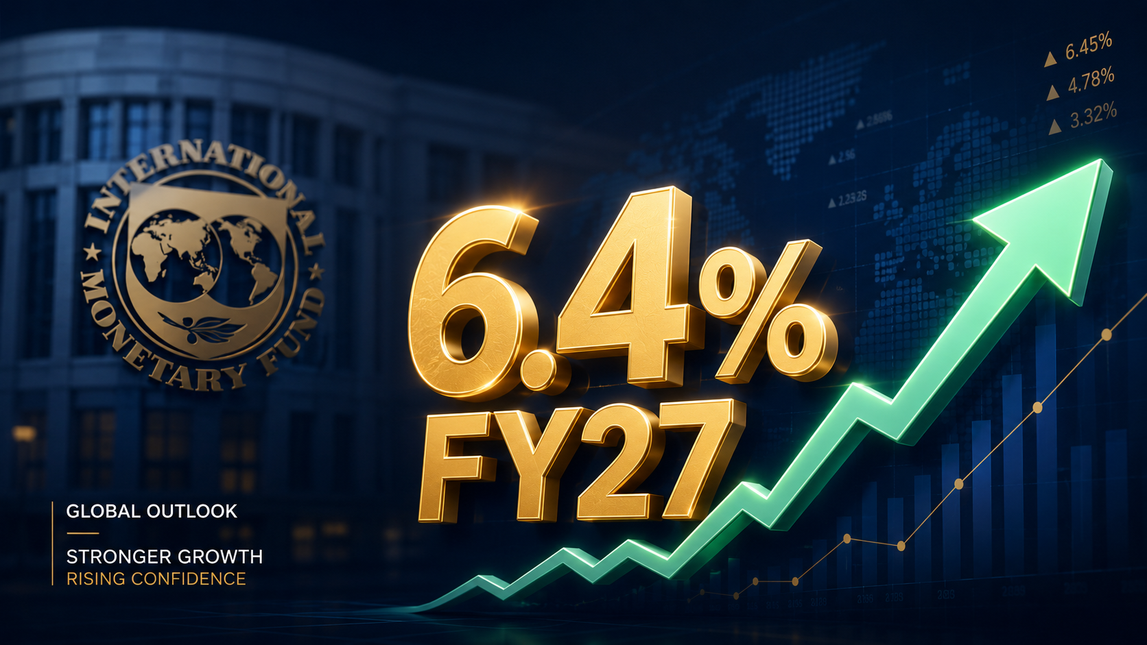 IMF building background with a 6.4% India growth chart and mutual fund growth arrow