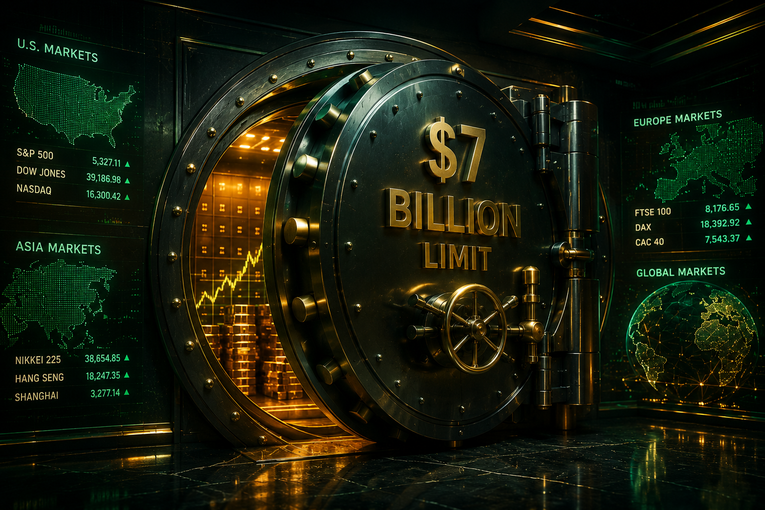 A 3D illustration of a glowing emerald green vault representing Indian Mutual Funds, with a heavy steel door labeled $7 Billion RBI Limit closing off global stock market charts in the background.
