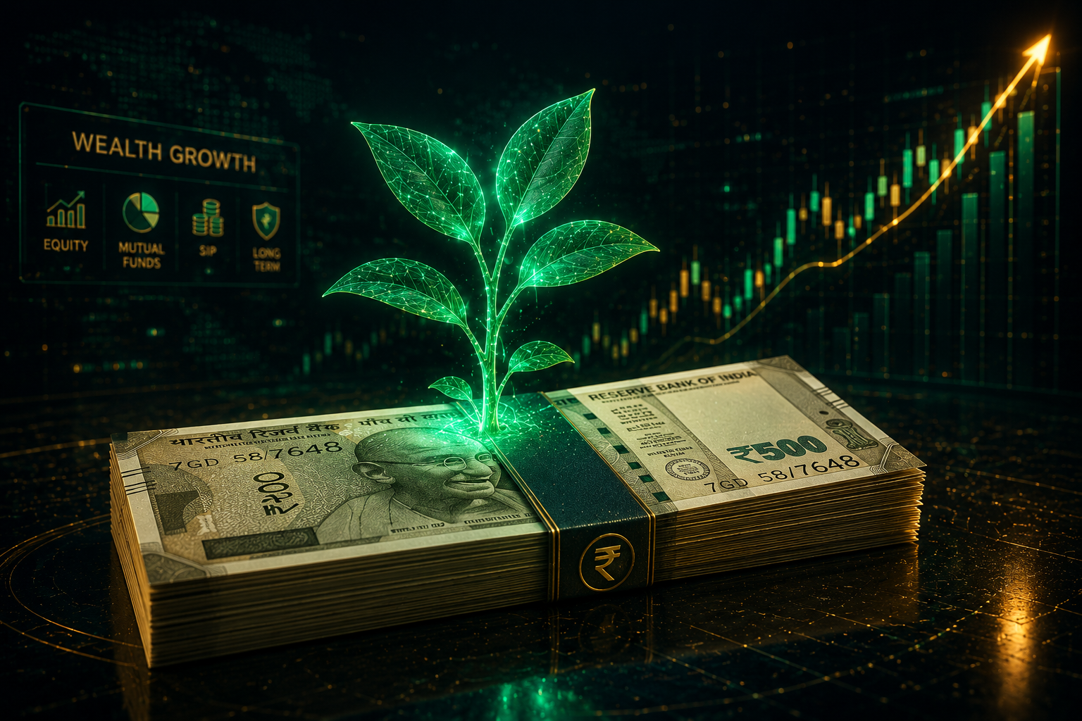 A 3D render of Indian 500 rupee notes growing into a glowing green mutual fund chart on a dark background.