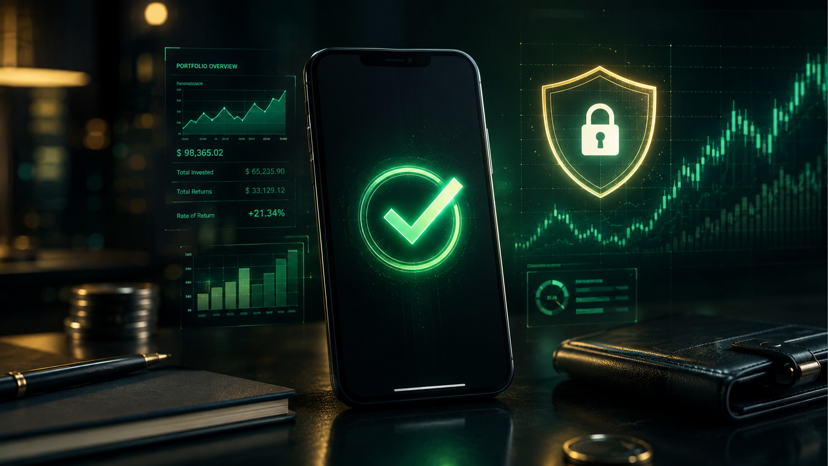Digital smartphone screen showing a successful online mutual fund KYC verification checkmark and security shield