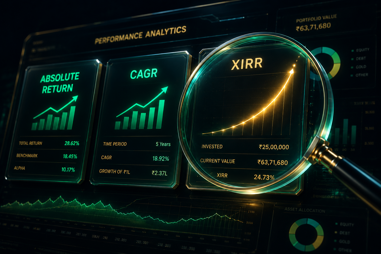 A futuristic dashboard showing 3 glowing metrics: Absolute, CAGR, and XIRR, with a magnifying glass hovering over them.