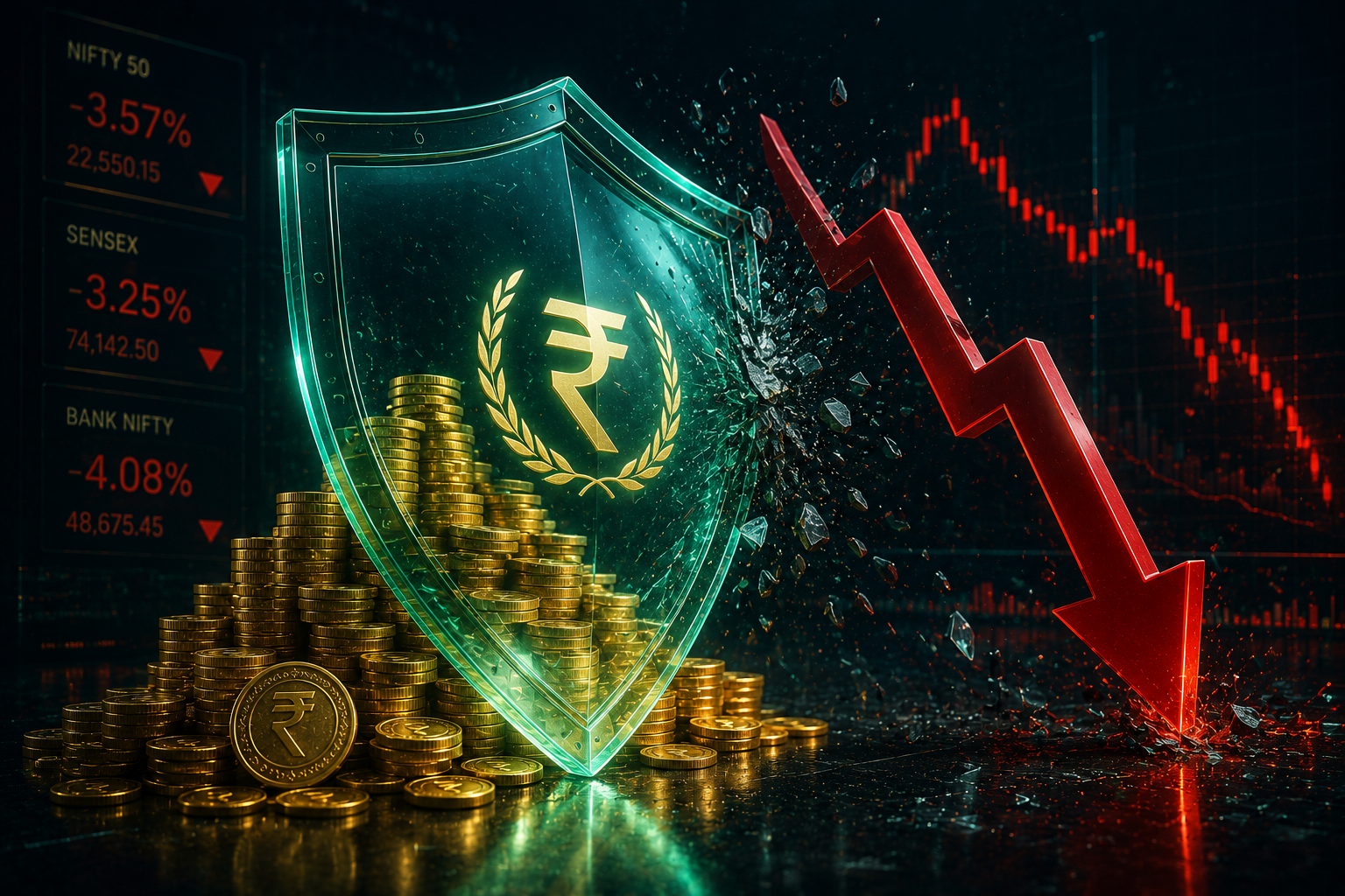 A glowing, transparent shield protecting a stack of gold coins from a red stock market crash arrow.