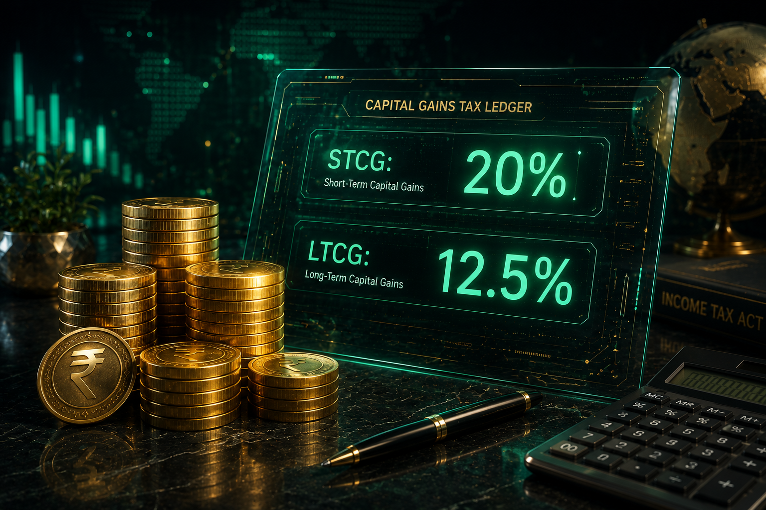 A 3D illustration of Indian currency notes interwoven with tax documents and a glowing digital ledger showing 12.5% LTCG and 20% STCG on a dark emerald background.