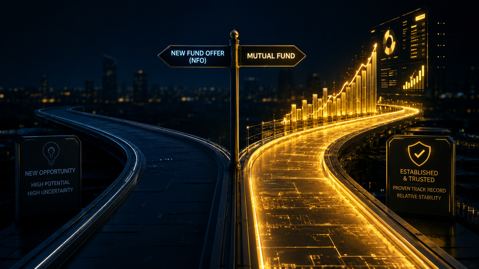 Two diverging financial paths comparing a newly launched NFO mutual fund against a structurally proven existing mutual fund.