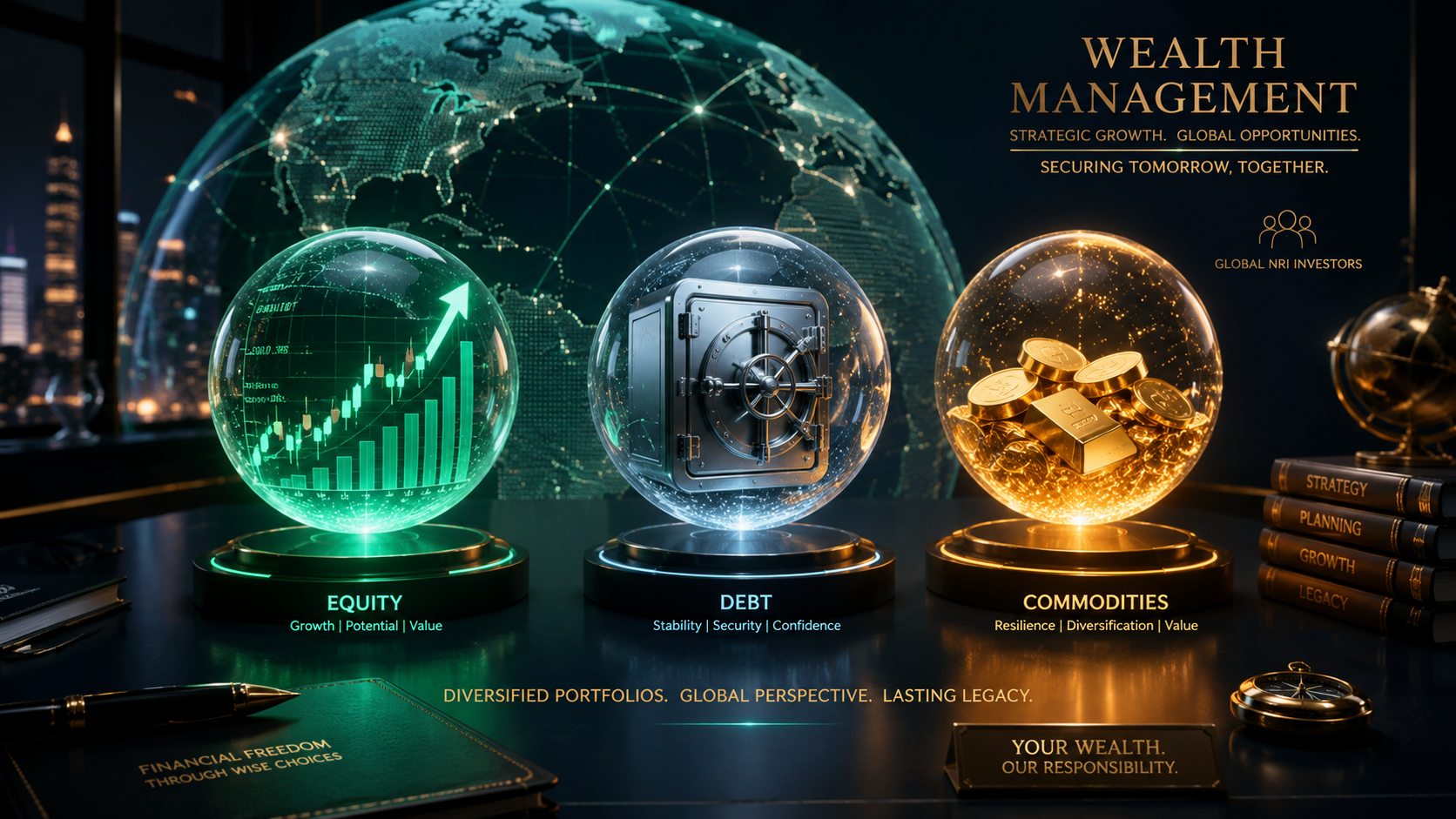 Gold bars, stock market charts, and debt bonds representing multi-asset funds for NRIs