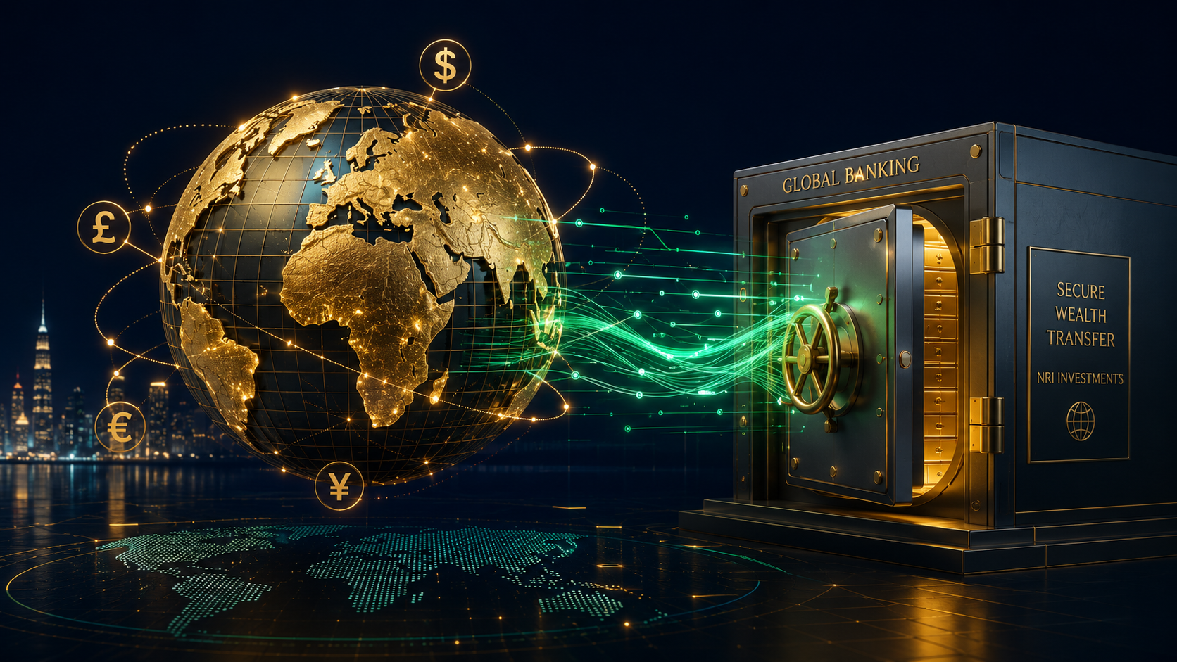 A digital visualization representing the benefits of NRE deposits connecting global wealth to Indian financial systems.
