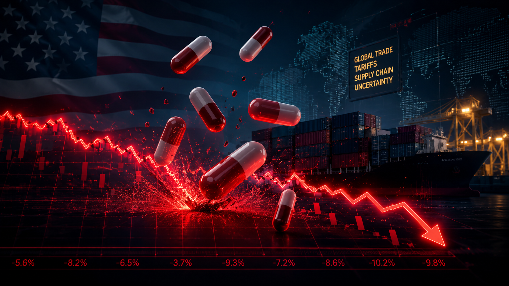 3D rendering of medicine pills falling alongside a descending red stock market chart line due to trade tariffs