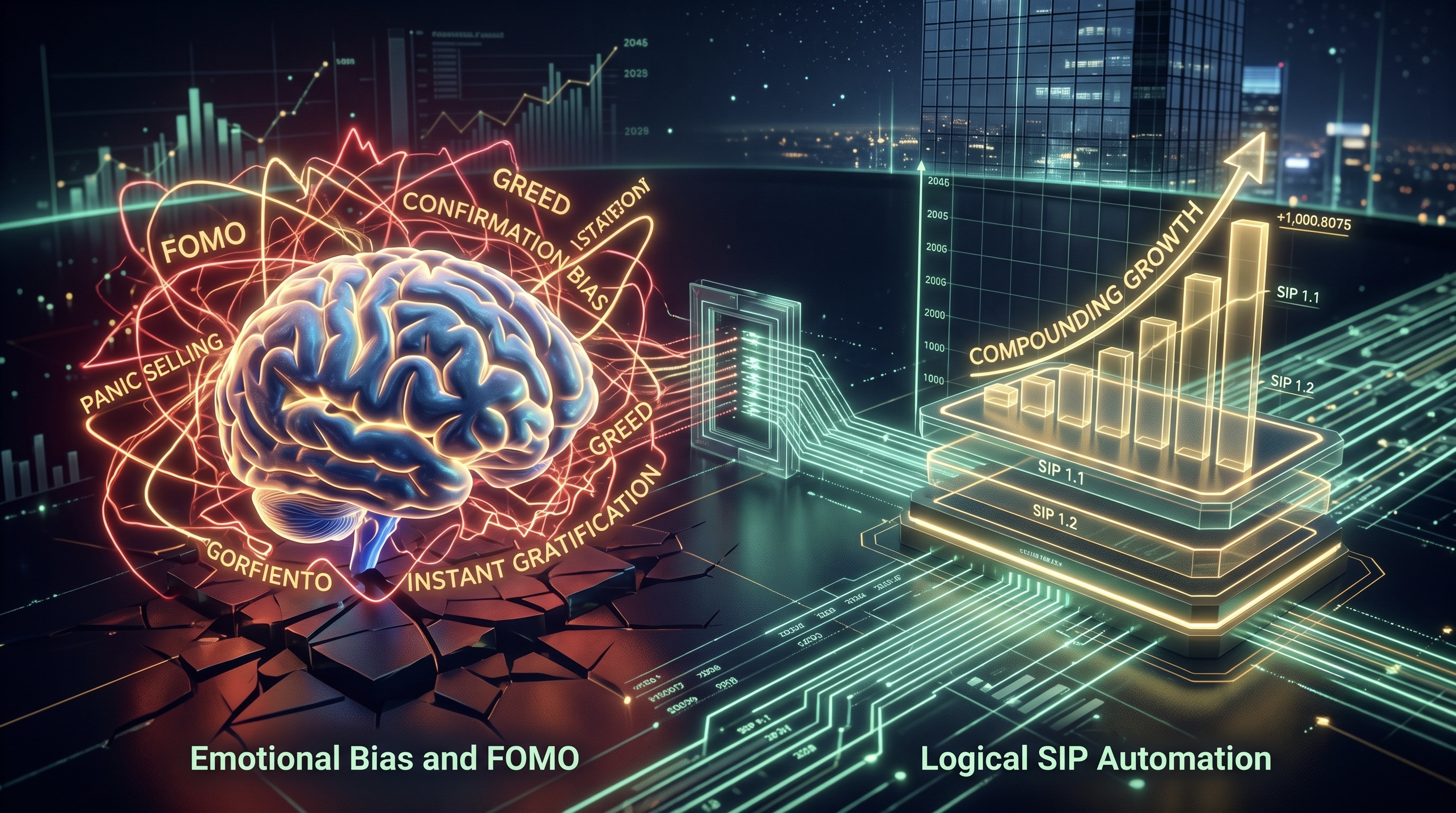 Conceptual illustration showing the psychology of wealth creation, contrasting human emotional bias with logical stock market compounding and SIP automation.