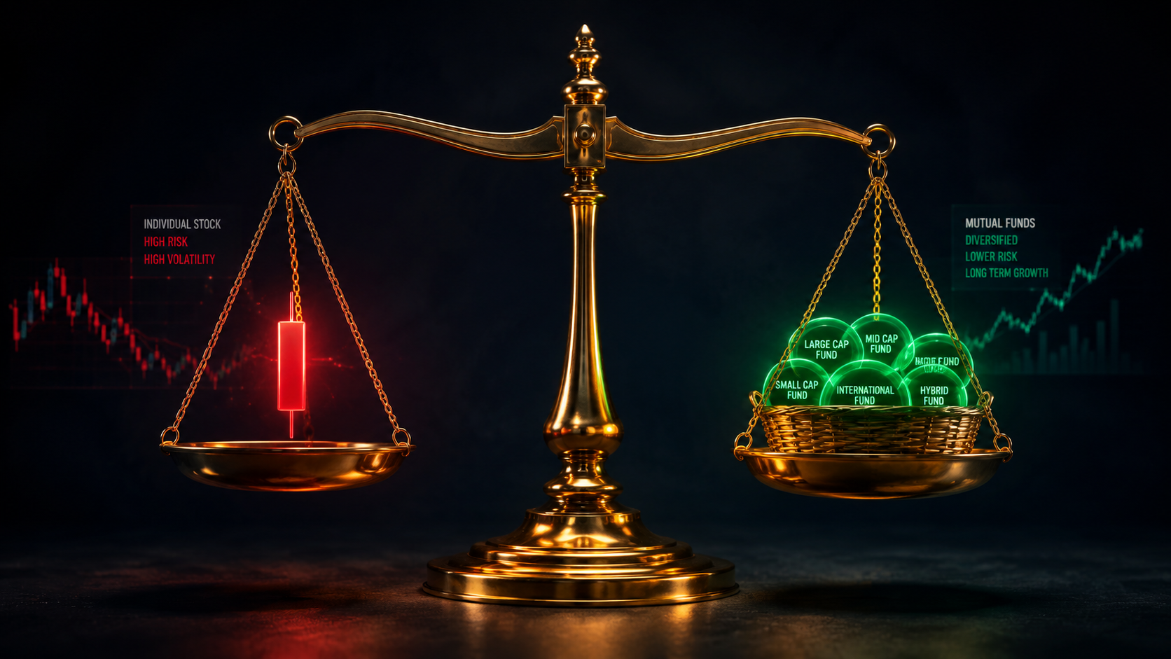 A 3D balance scale weighing a single volatile stock ticker against a diversified basket of mutual fund icons.