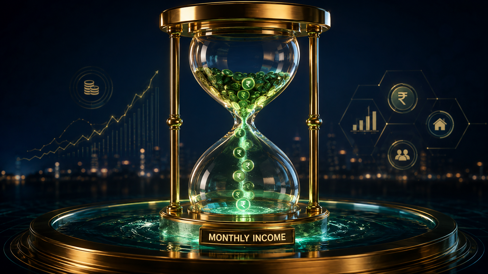 A golden hourglass dropping digital coins into a pool, illustrating how a Systematic Withdrawal Plan (SWP) generates regular monthly income from mutual funds.