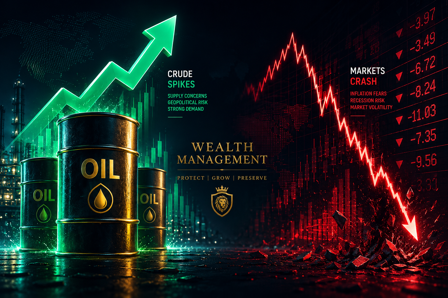 Graph showing Brent Crude oil spiking alongside a red Sensex crash